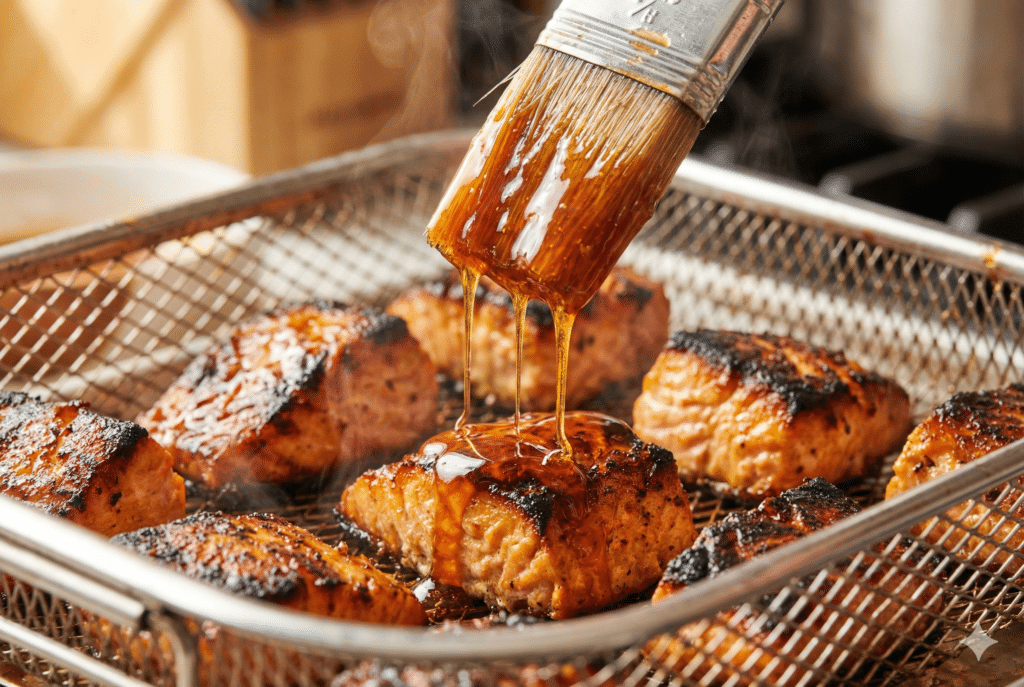 Brushing sticky hot honey garlic sauce onto crispy salmon bites inside an air fryer basket.