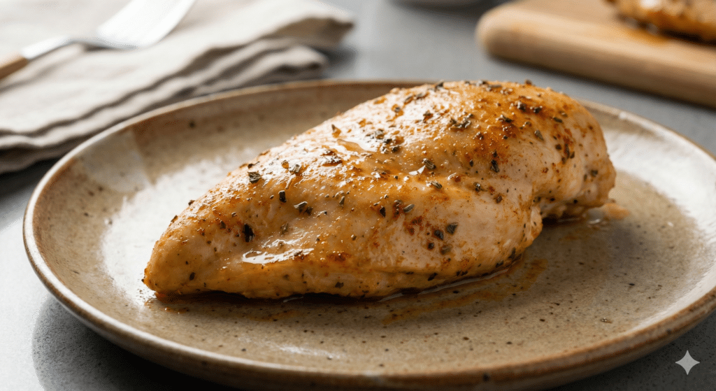 Golden brown juicy air fryer chicken breast no breading served on a plate