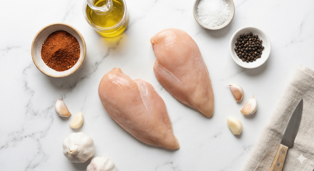 Raw ingredients including chicken breast, olive oil, and spices for air frying.
