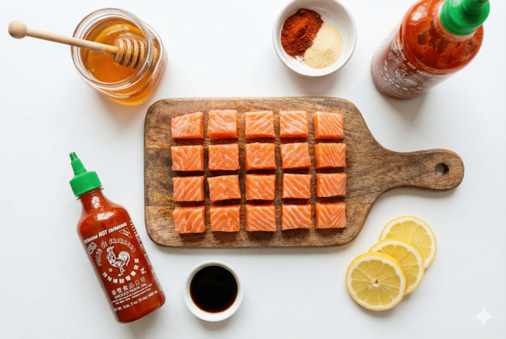 Flat lay of salmon bites ingredients: raw salmon cubes, honey jar, sriracha bottle, soy sauce, and cajun spices on a white background.