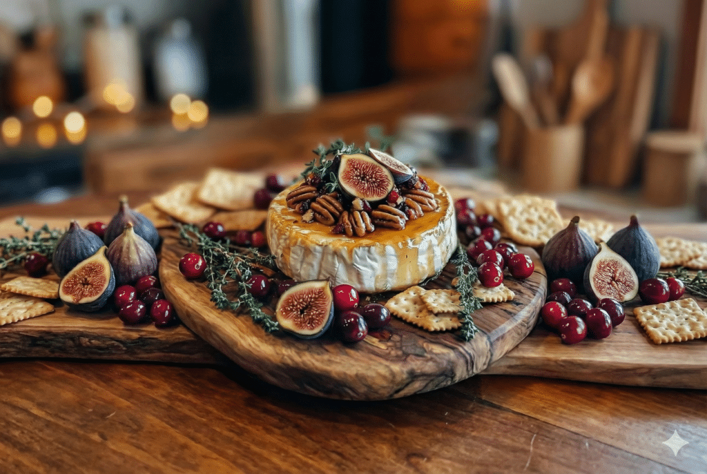 Golden baked brie with figs and honey on a rustic wooden board, topped with walnuts and fresh thyme.
