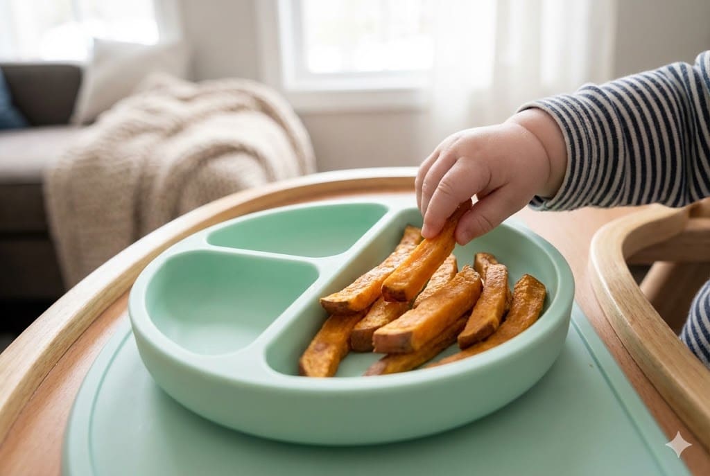 Baby hand reaching for a soft sweet potato fry on a silicone plate.