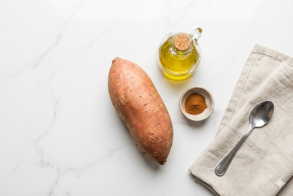 Raw sweet potato, olive oil, and cinnamon on a white counter.