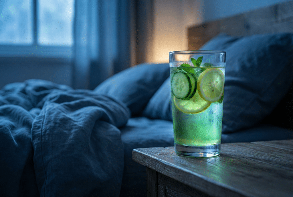 Glowing glass of cucumber lemon detox water on a nightstand for bedtime weight loss.
Bedtime Detox Drink for Belly Fat