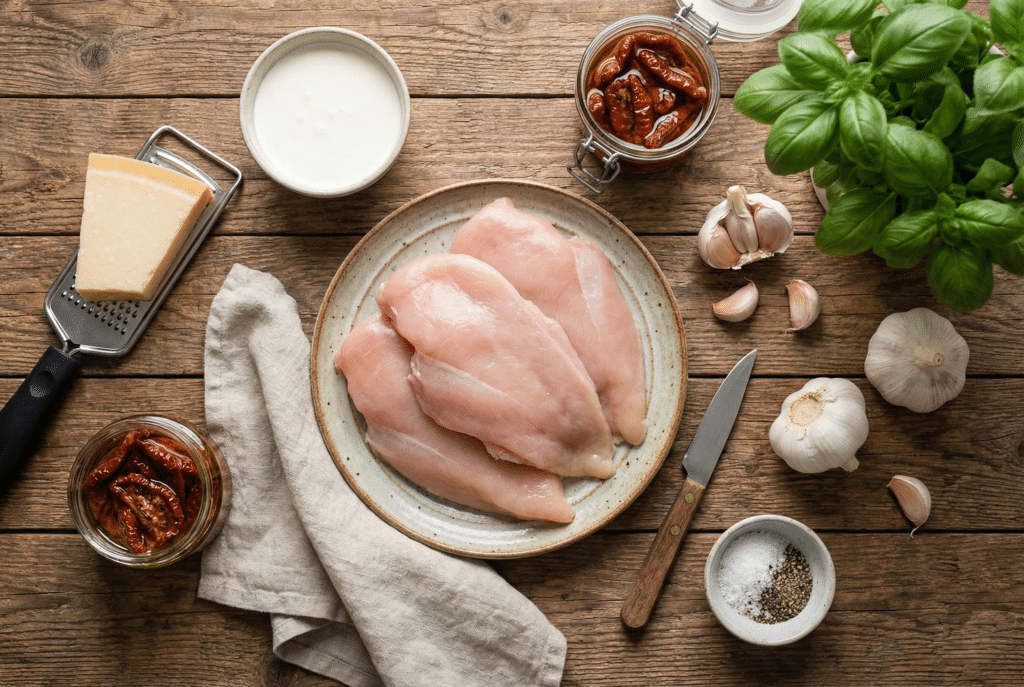 Ingredients for marry me chicken including raw chicken breasts, heavy cream, parmesan cheese, sun-dried tomatoes, and garlic on a wooden table.