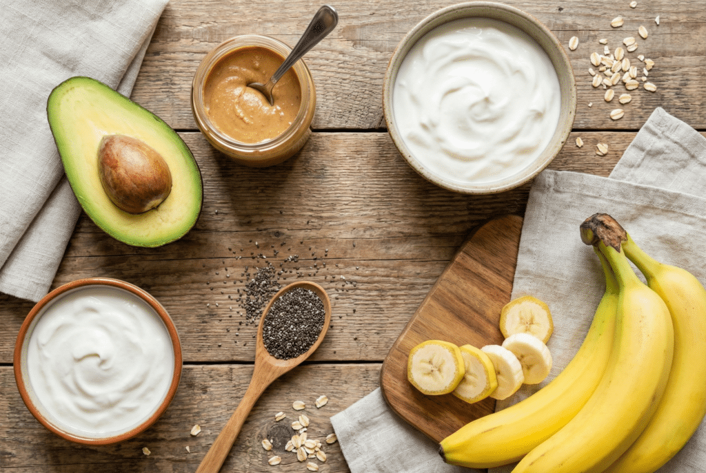 High calorie smoothie ingredients including avocado, peanut butter, and full fat yogurt.