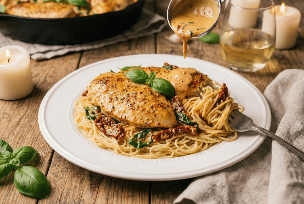 A serving of creamy marry me chicken plated over angel hair pasta with extra sauce and a glass of white wine.