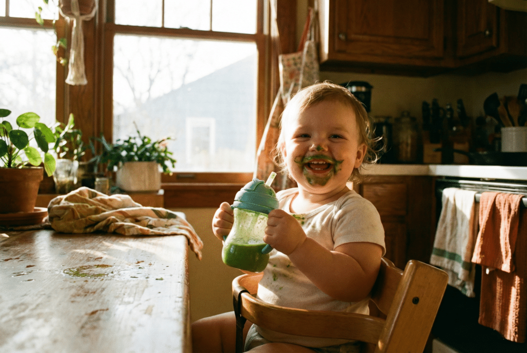 Happy chubby toddler drinking a nutrient dense green smoothie for weight