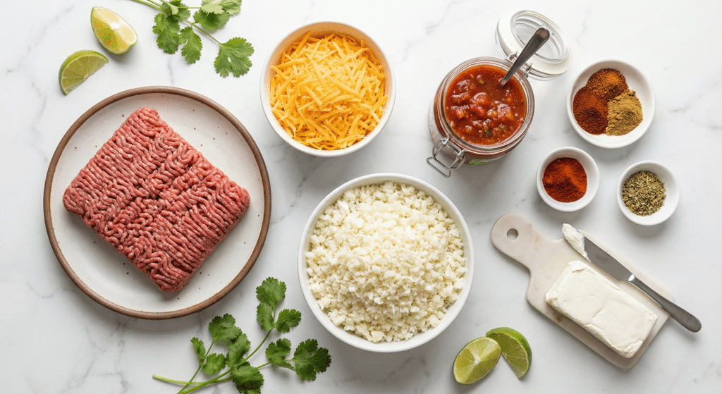 Ingredients for keto taco casserole including raw ground beef, cheddar cheese, salsa, cream cheese, and cauliflower rice on a marble table.
