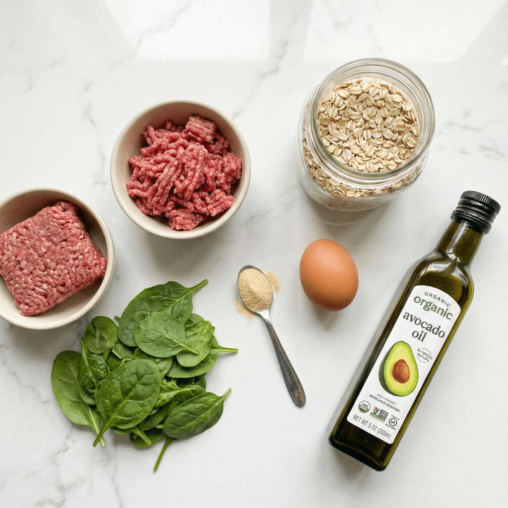 Ingredients for high iron BLW recipes including beef spinach and oats.