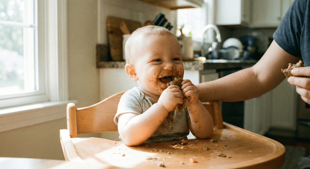 6 month old baby eating high iron BLW recipes beef bites.