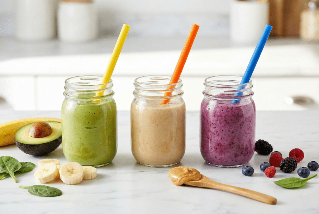 Three colorful high calorie smoothies for toddlers (Green, Peanut Butter, and Berry) on a kitchen counter. baby Weight Gain Smoothies