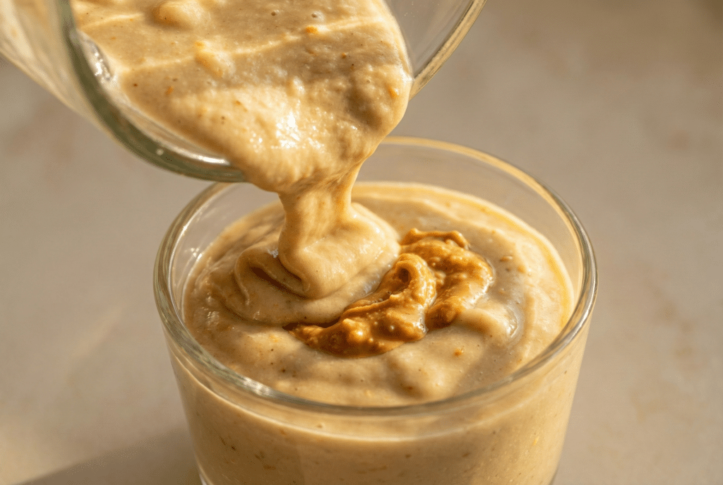 Close up of thick and creamy peanut butter banana smoothie being poured