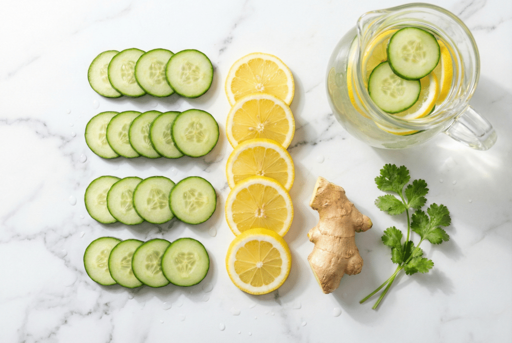 Fresh ingredients for belly fat detox drink including cucumber, lemon, and ginger.
