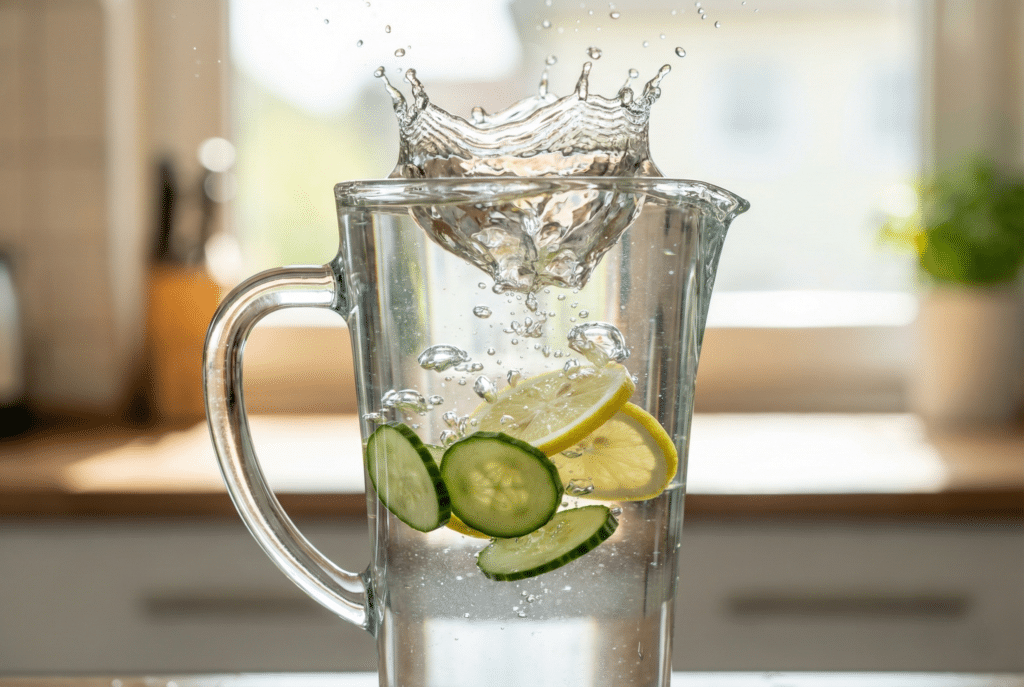 Cucumber and lemon slices splashing into water pitcher for detox recipe.