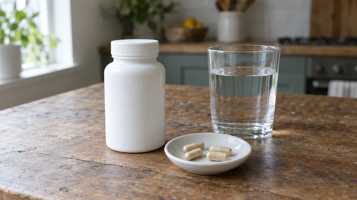 A plain white capsule bottle with no label standing on a worn wooden kitchen table beside a saucer of capsules and a glass of water