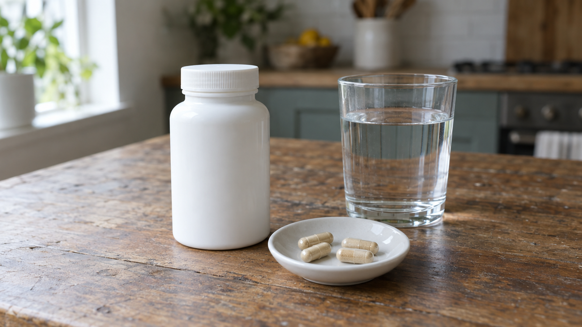 A plain white capsule bottle with no label standing on a worn wooden kitchen table beside a saucer of capsules and a glass of water