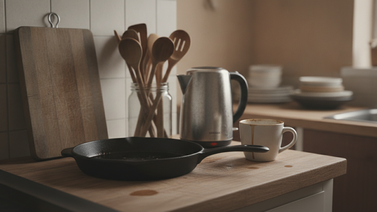 A corner of a home kitchen worktop with a worn cutting board, a used frying pan, a kettle and a jar of wooden spoons