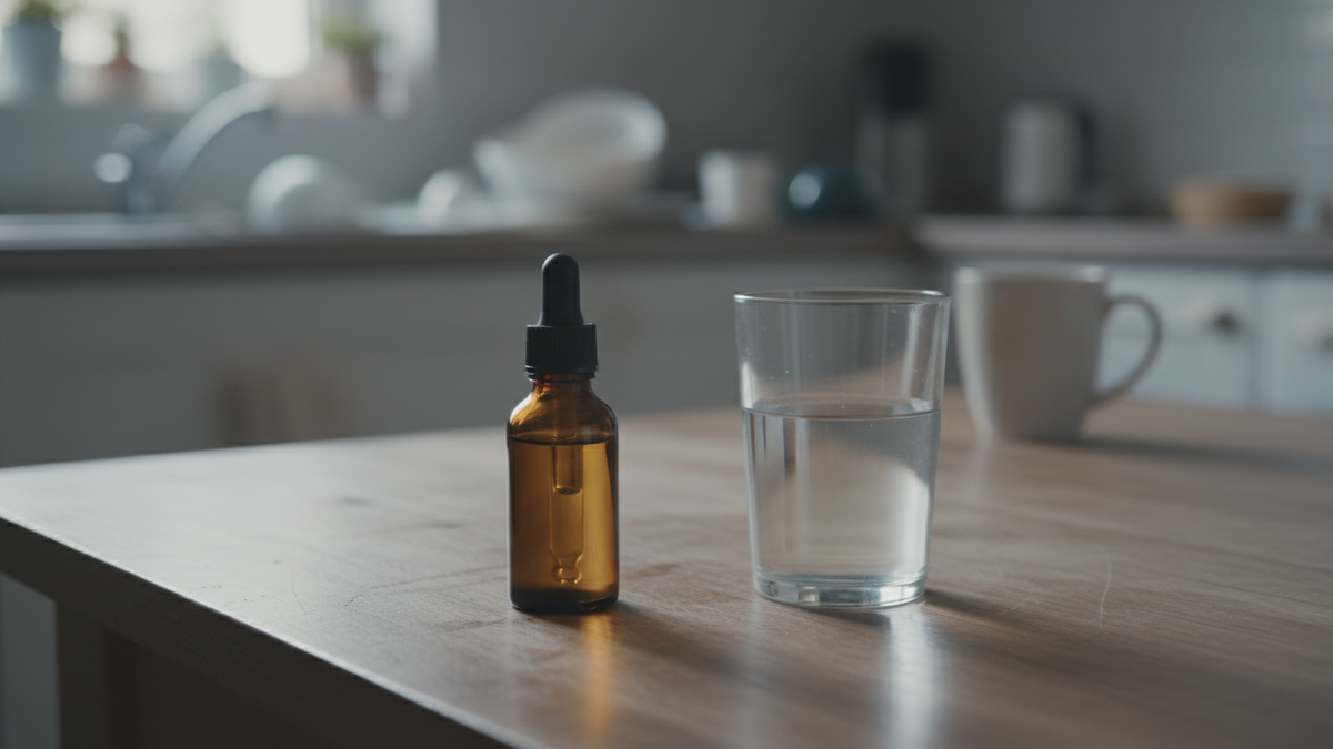 A small unlabelled amber glass dropper bottle standing on a worn wooden kitchen table beside a plain glass of water