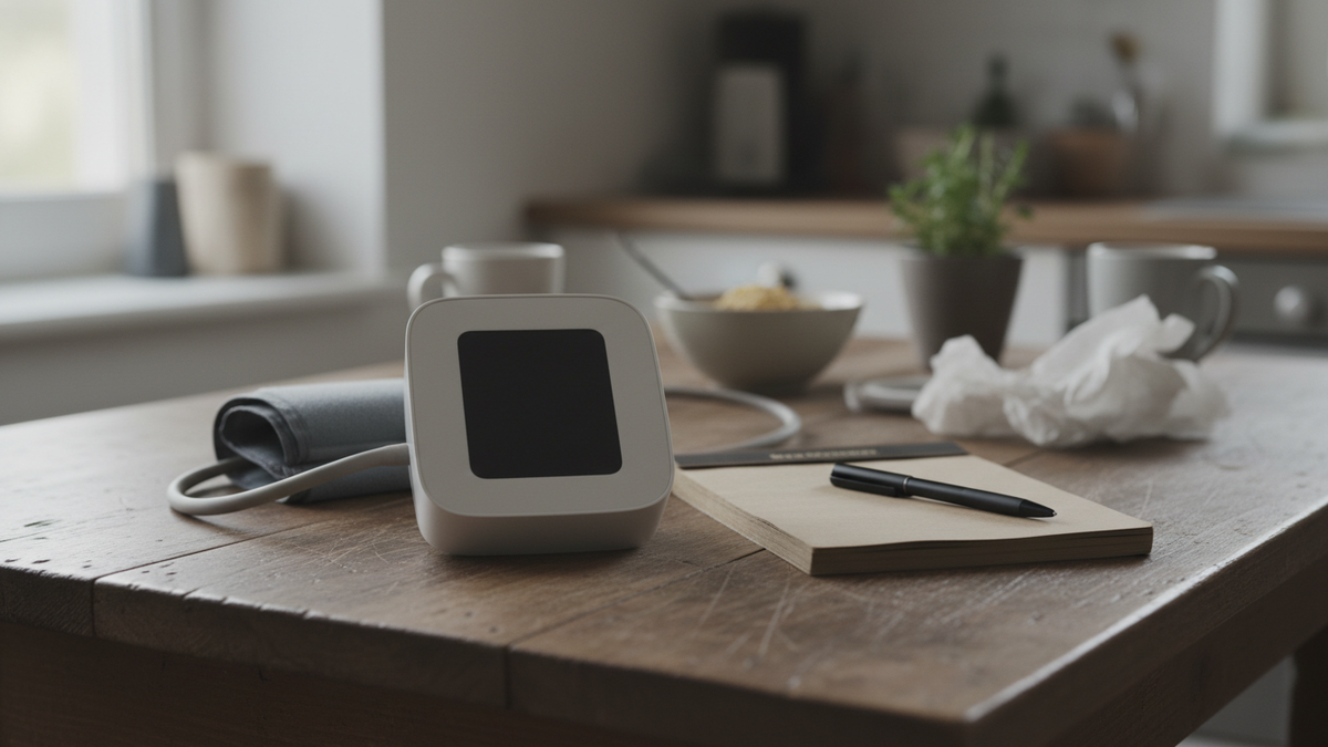 A home upper-arm blood pressure monitor on a kitchen table with its cuff coiled beside it, display switched off