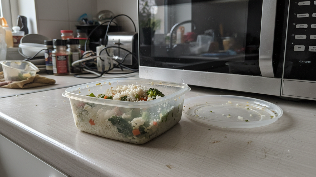 A plastic takeaway container of leftover rice and vegetables standing on a worktop in front of a microwave