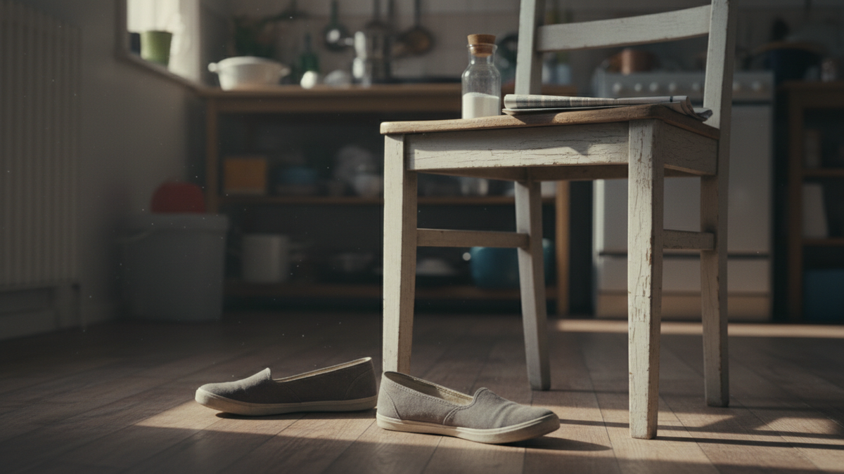 A pair of worn flat shoes on the floor beside a kitchen chair at the end of the day, a glass salt cellar on the chair seat