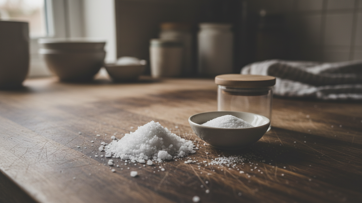 A pile of coarse sea salt and a bowl of fine table salt on a kitchen worktop beside a glass salt cellar