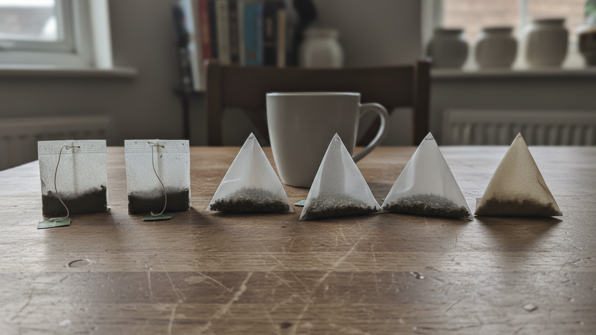Six different tea bags laid out in a row on a kitchen table, flat paper squares and woven mesh pyramids