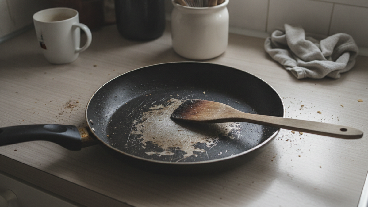 An old nonstick frying pan seen from above, its black coating worn through to bare metal in the centre