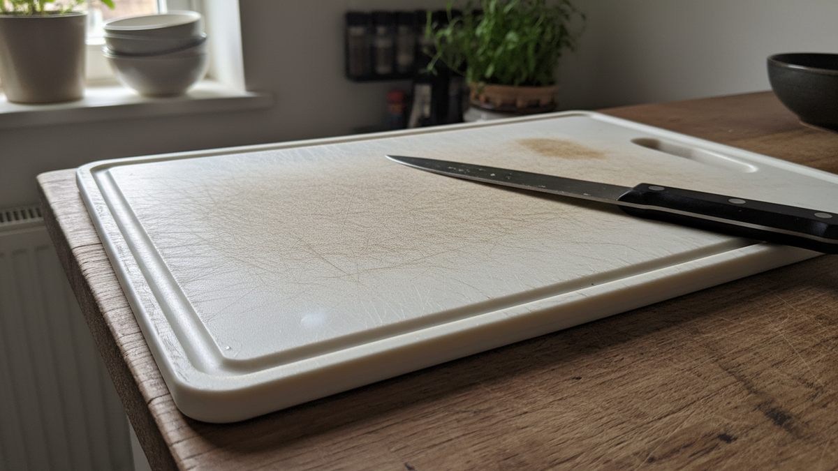 A white plastic cutting board covered in knife scars, lying on a kitchen worktop beside a knife