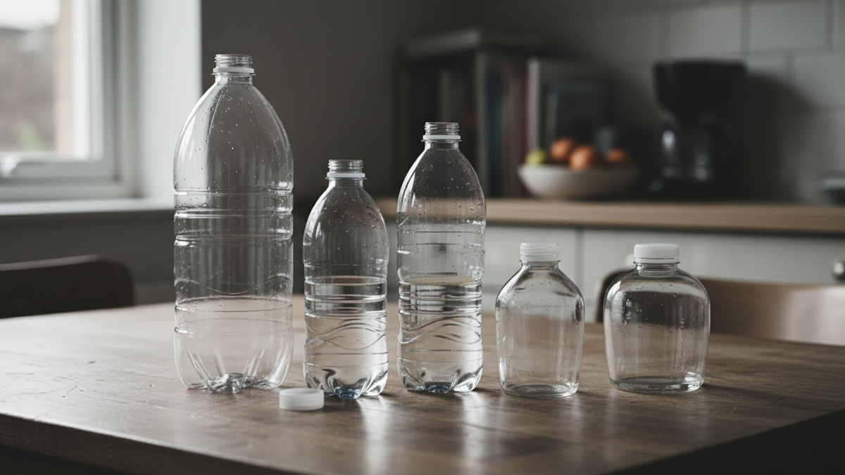 Four unlabelled clear plastic water bottles of different sizes standing on a kitchen table