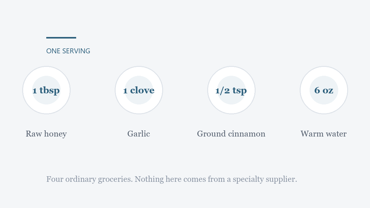 Diagram of one serving: one tablespoon of raw honey, one clove of garlic, half a teaspoon of ground cinnamon and six ounces of warm water