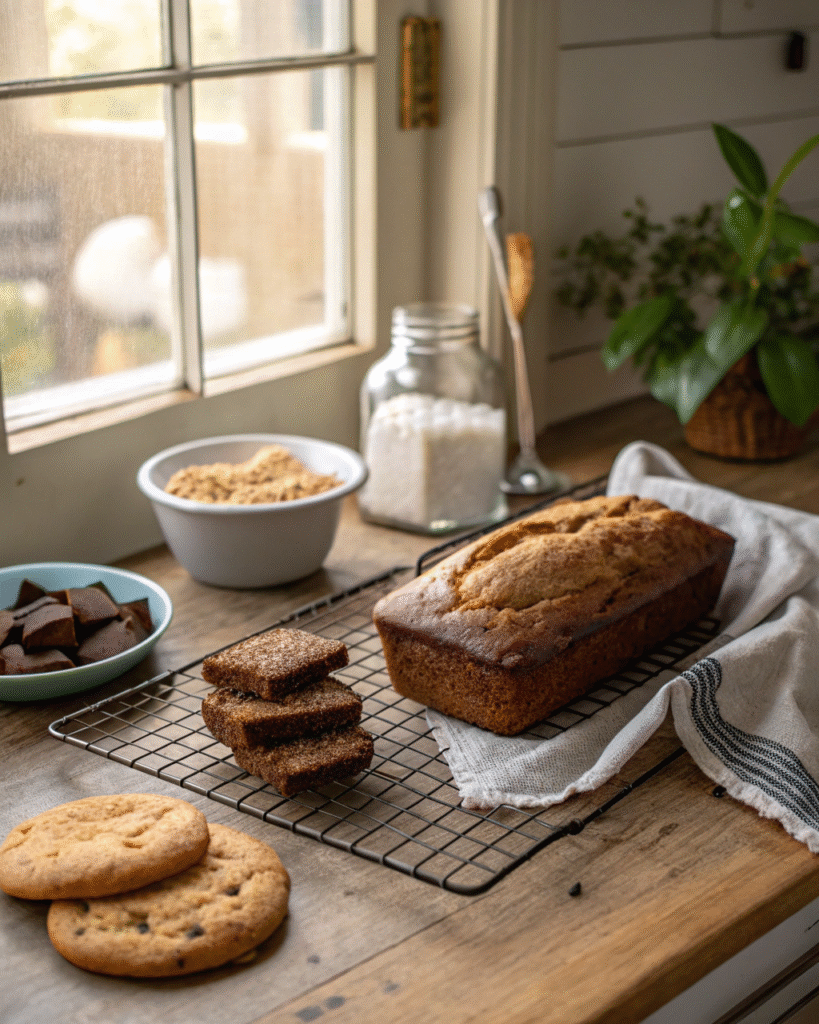 Banana bread, brownies, and cookies in a cozy kitchen