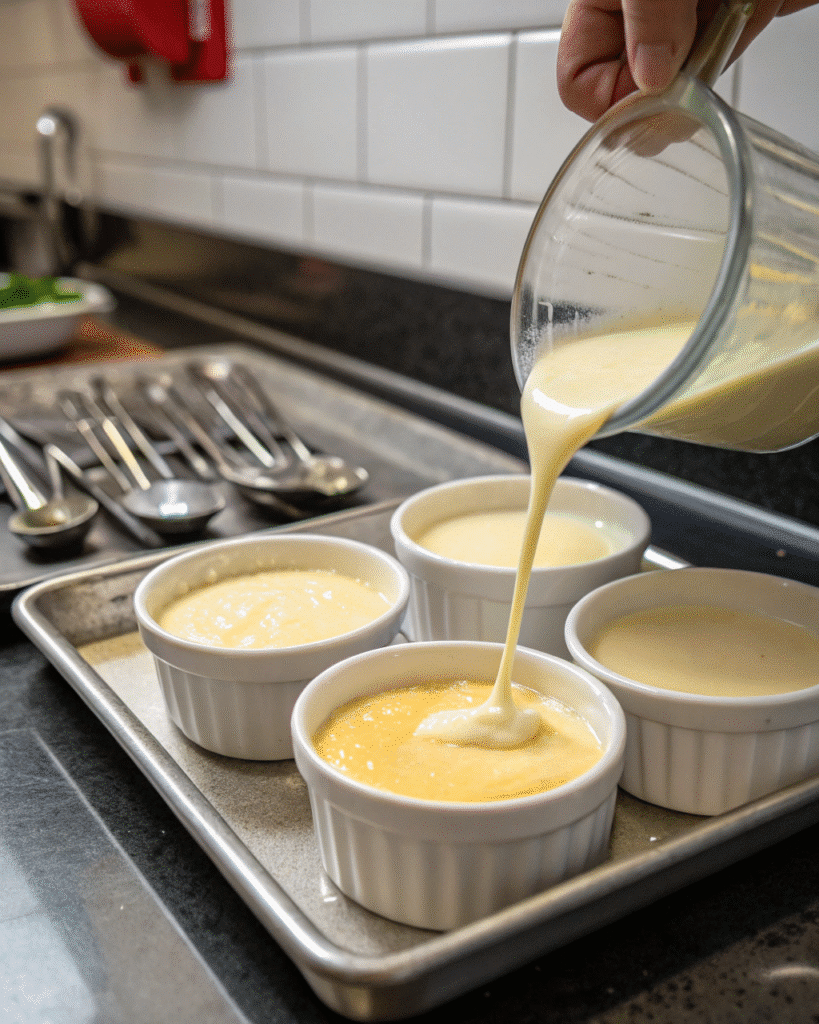 Pouring custard into ramekins for crème brûlée
