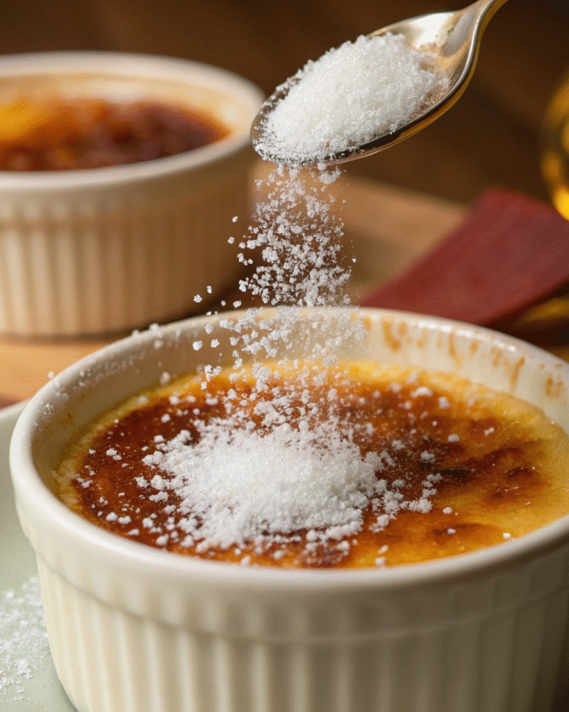 Granulated sugar caramelizing under torch