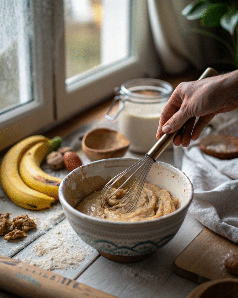 Mixing banana bread batter by hand