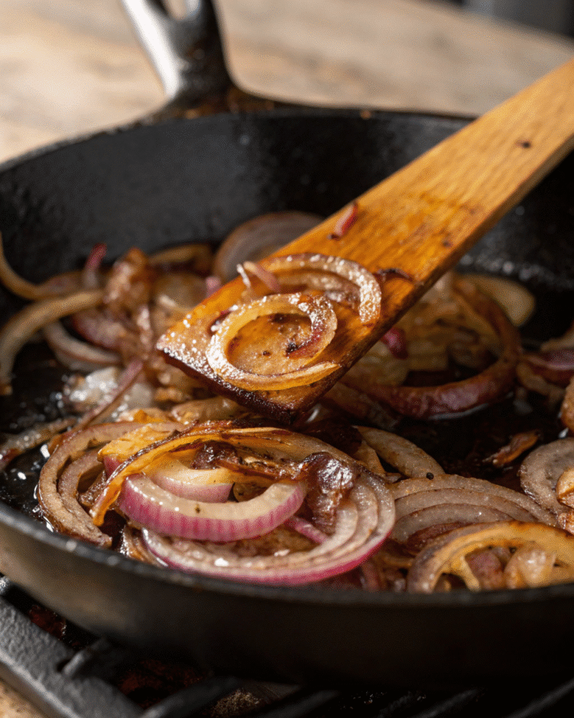 Onions slowly caramelizing in a skillet