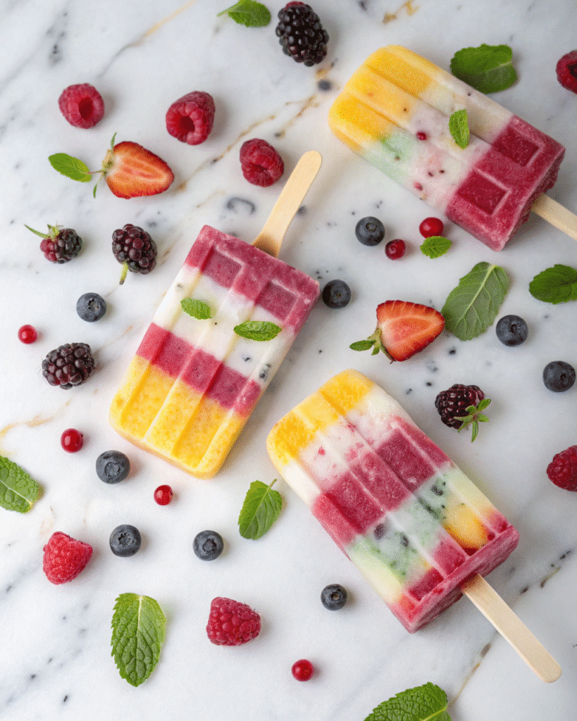 Healthy and vibrant frozen yogurt popsicles ideal for summer snacking.