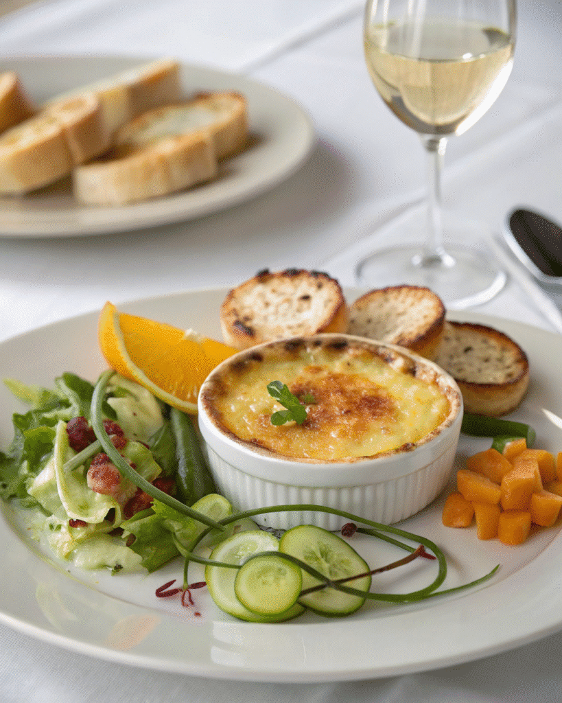 Crab brulee served with sides and white wine