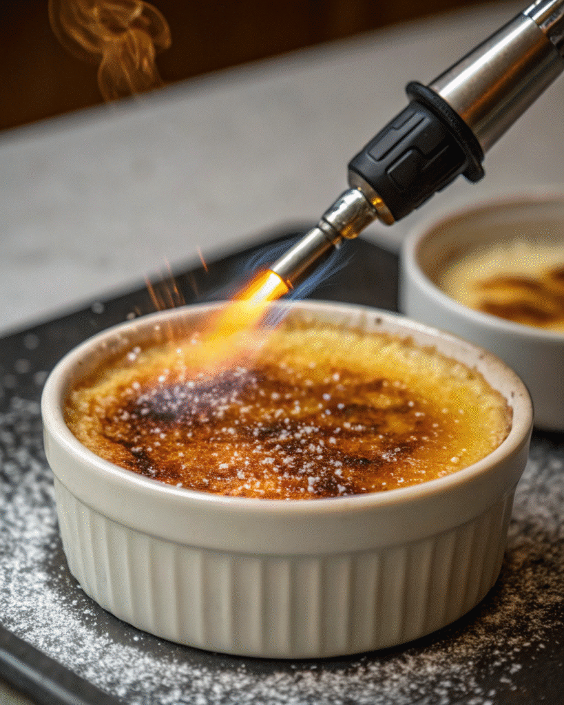 Torch caramelizing sugar on crab brulee