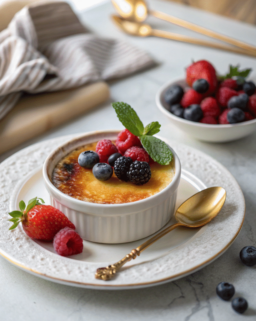 Crème brûlée served with berries and mint