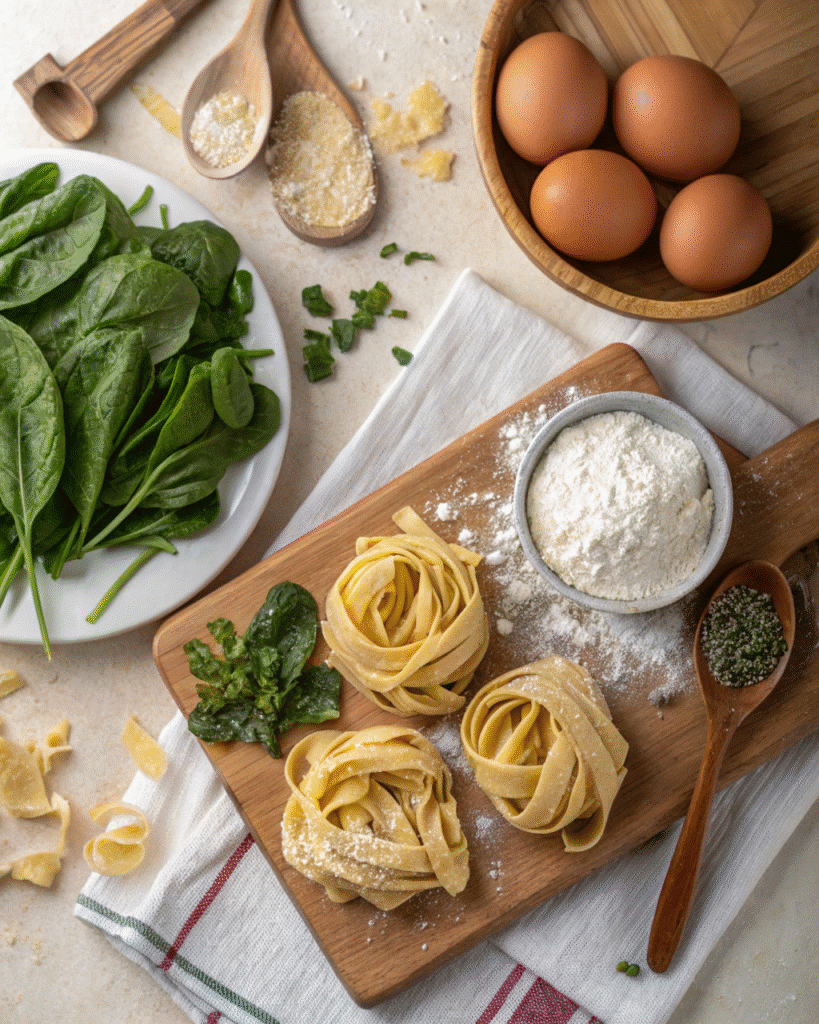 Ingredients for making green pasta including spinach, kale, and eggs