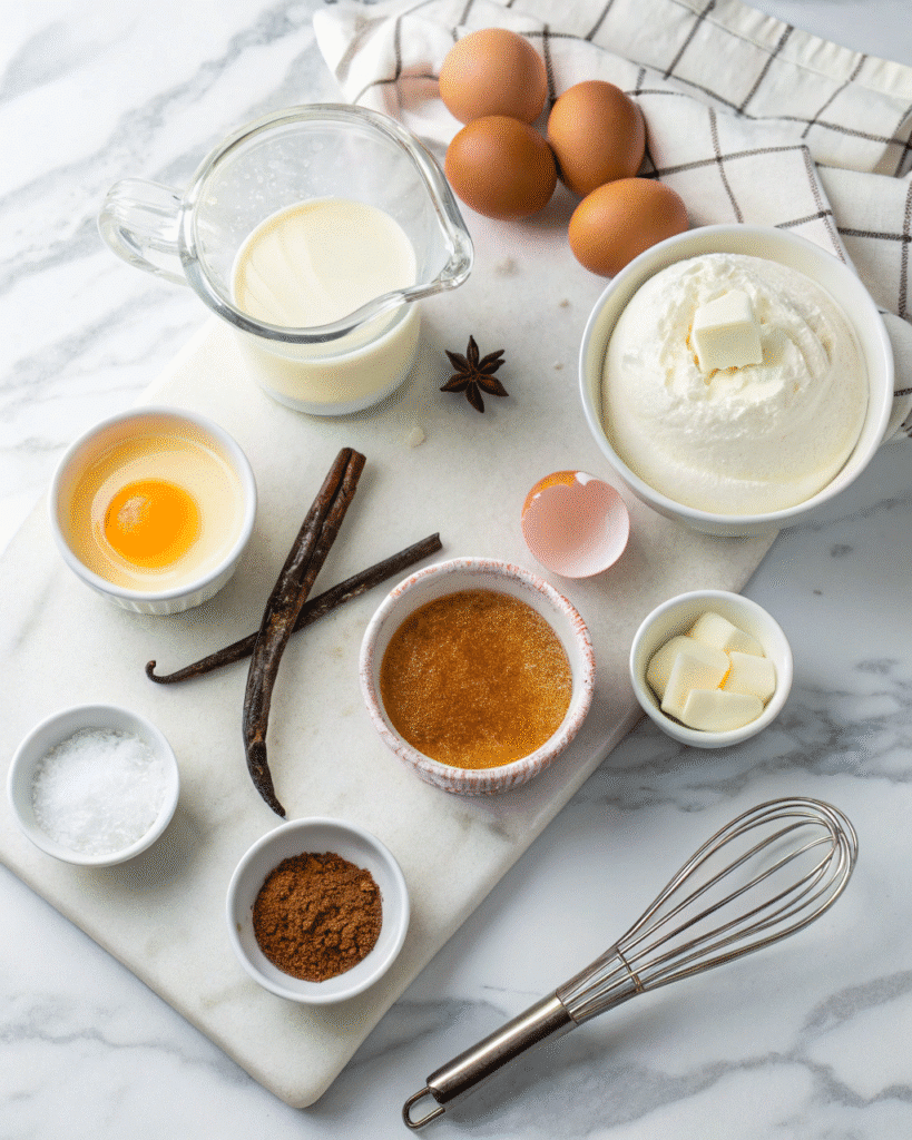 Crème brûlée ingredients on countertop