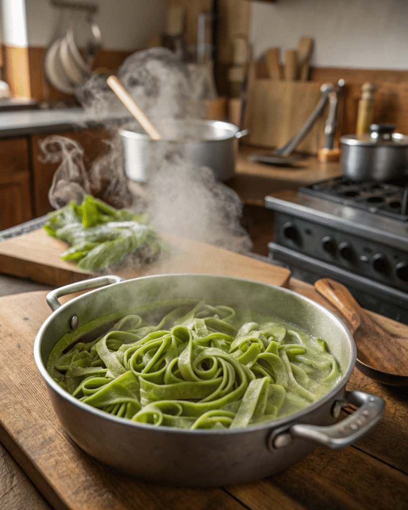 Green pasta boiling in a pot with rising steam