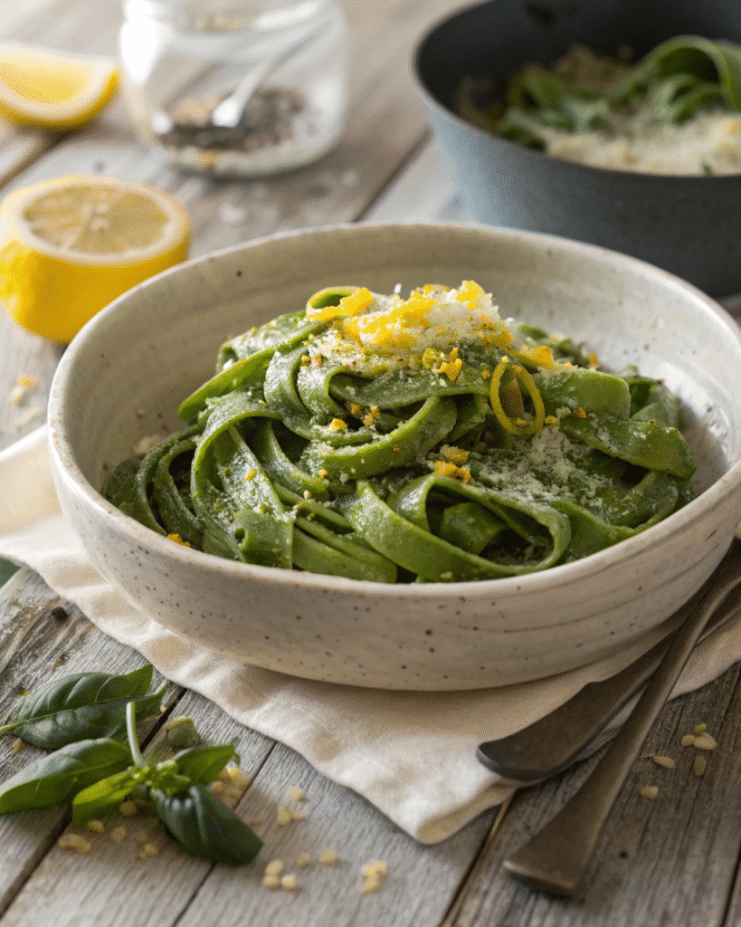 Green spinach pasta served with lemon zest and Parmesan