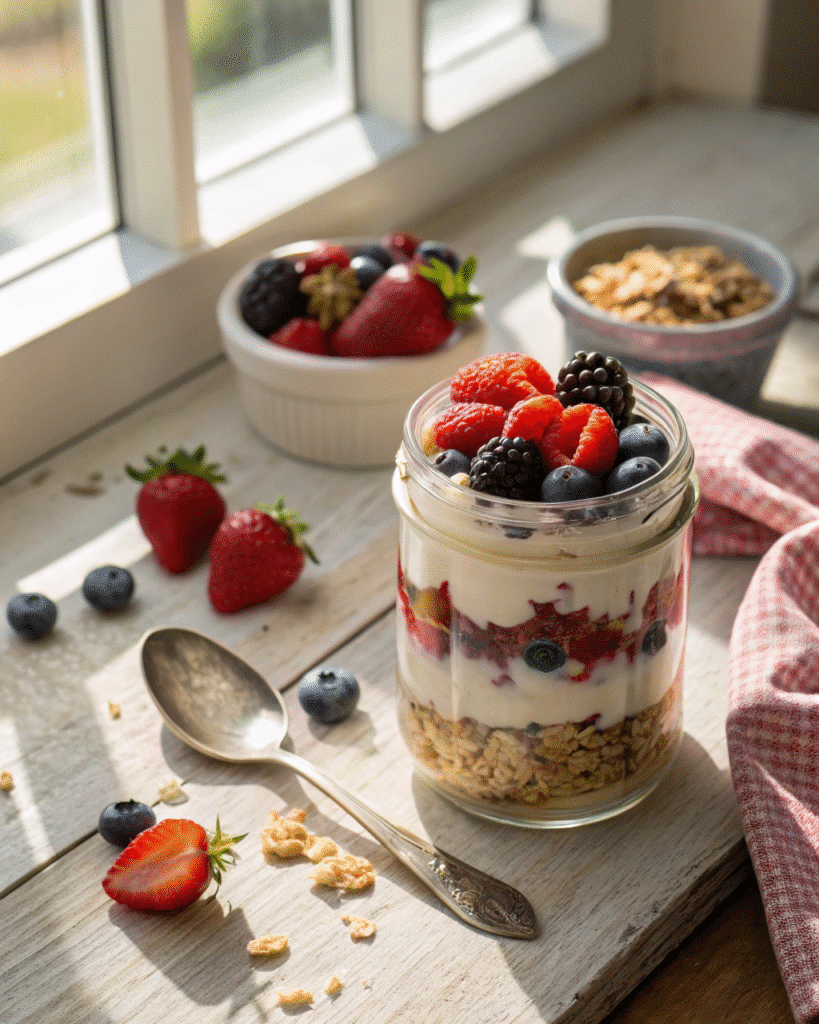 Fruit parfait layered in glass jar