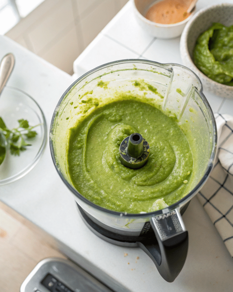 Blending creamy poblano sauce for green spaghetti