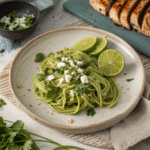 Served green spaghetti with garnishes