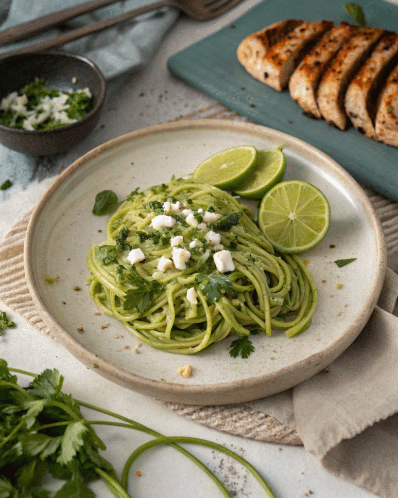 Served green spaghetti with garnishes