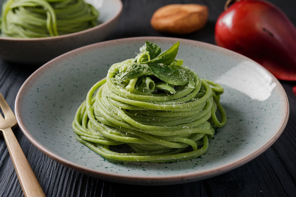 Spinach pasta showcasing the green pasta taste with a mild, slightly sweet flavor Kale pasta highlighting the robust and earthy green pasta taste Green pasta taste enhanced with a fresh pesto sauce